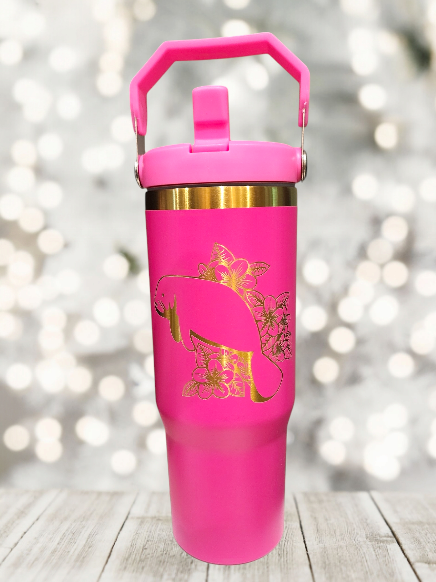 Floral manatee 30oz flip top tumbler
