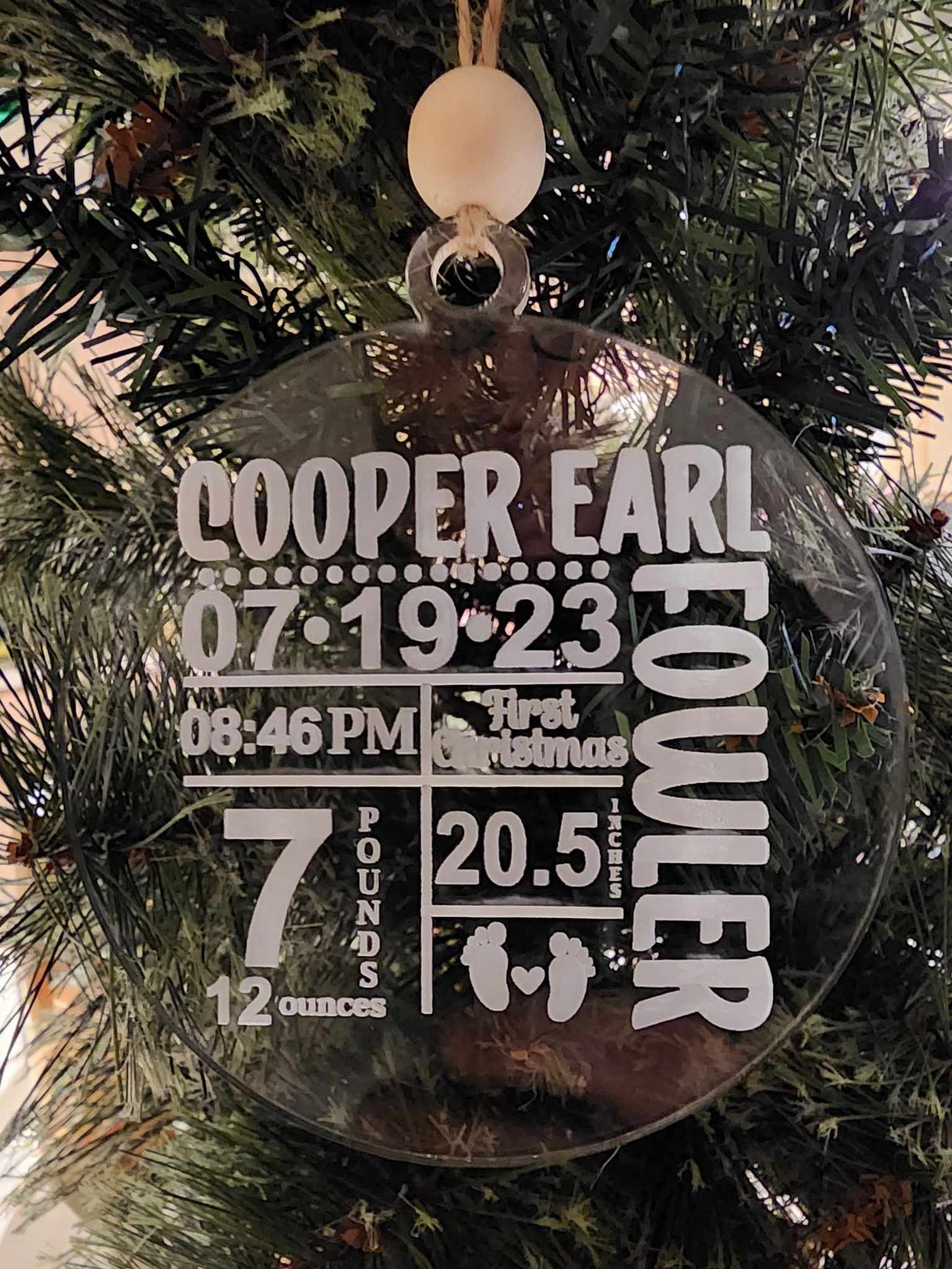 Acrylic Baby's first Christmas birth stats ornament