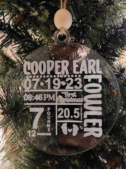 Acrylic Baby's first Christmas birth stats ornament