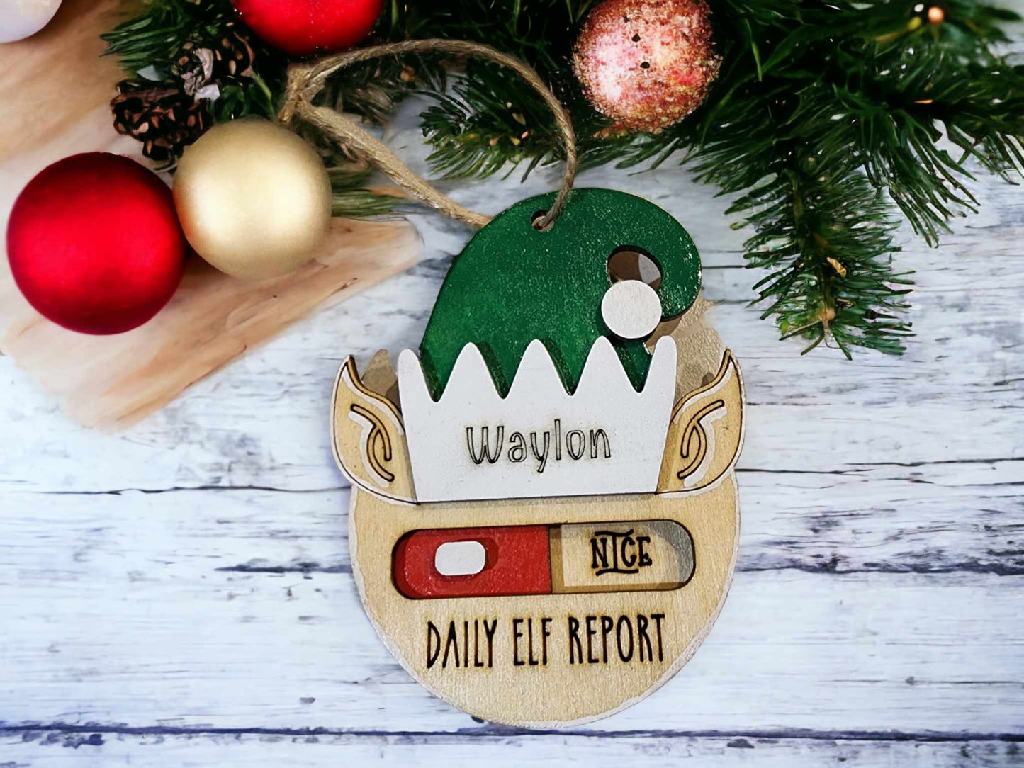 Daily elf report ornament, toggles between naughty and nice