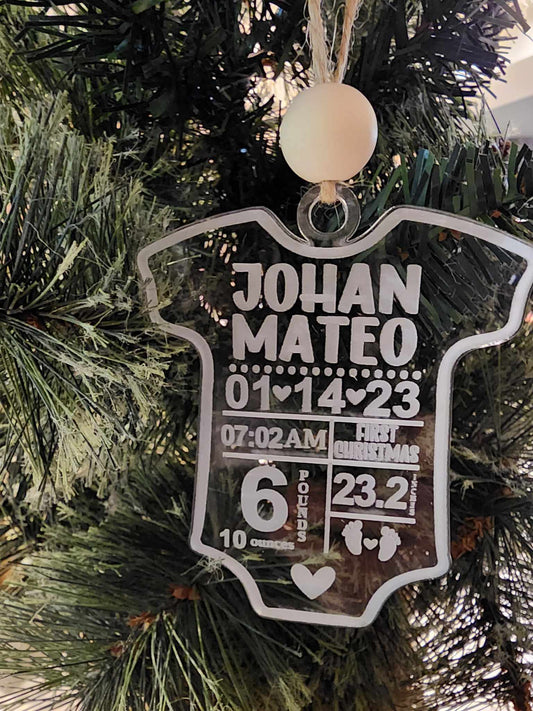 Acrylic Baby's first Christmas birth stats ornament