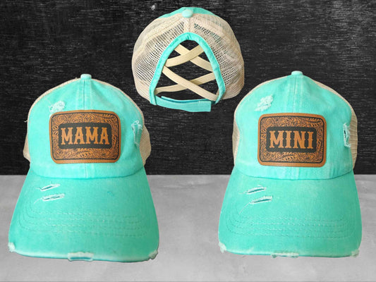 Mama mini western print criss cross ponytail hat set