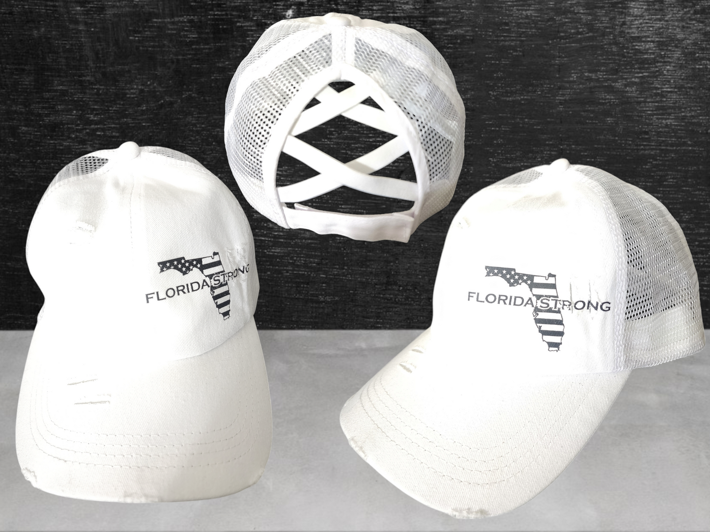 White Florida strong criss cross ponytail hat