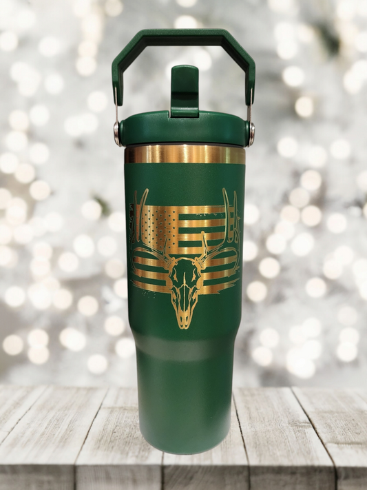 American flag deer skull 30oz flip top tumbler