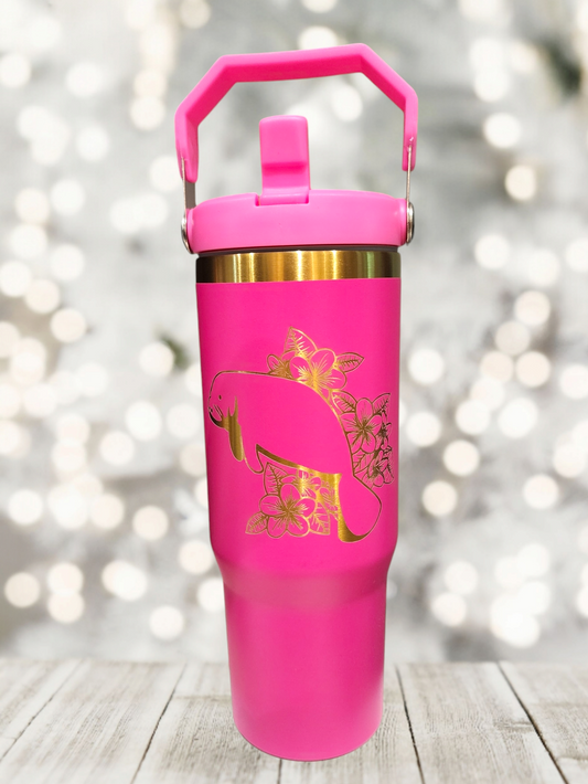 Floral manatee 30oz flip top tumbler